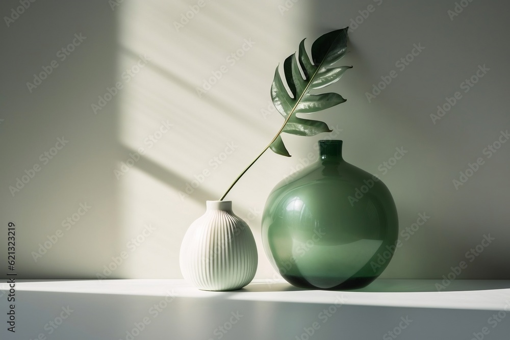 Φωτογραφία Minimalistic cozy light still life in white and green flowers, white ceramic vase with a green branch and a large green transparent vase, background with complex shadows