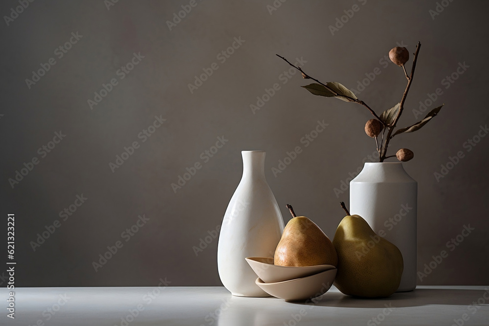 Minimalistic design in natural earth colors. Composition of different items. Two white ceramic vases with a branch, two brown bowls and two pears. Still life, modern art abstract design concept, copy  - obrazy, fototapety, plakaty 