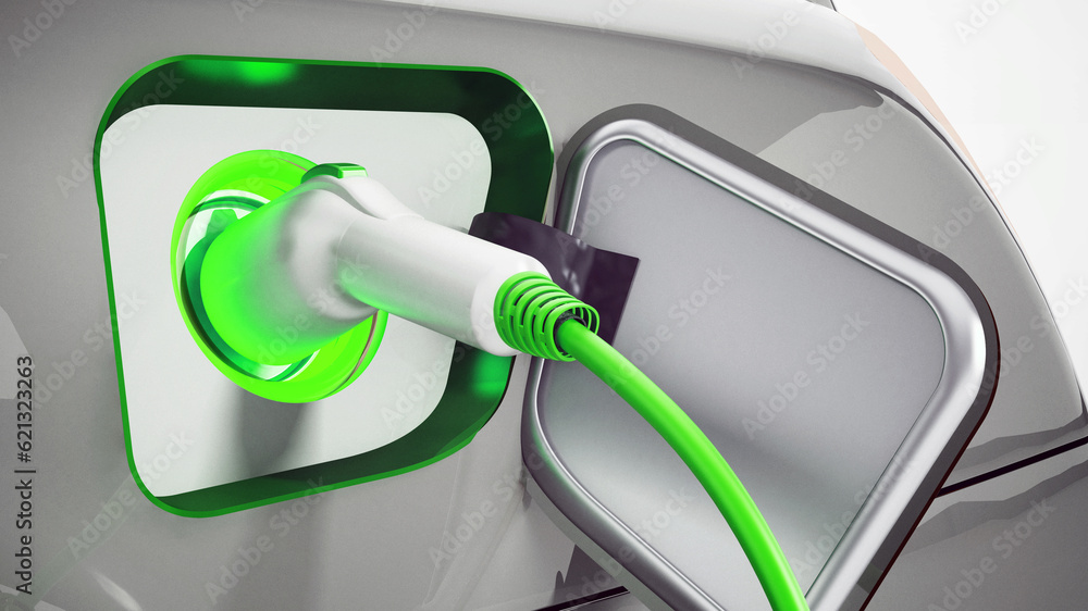 Plug-in hybrid or electric car being recharged. 3D illustration Plug-in hybrid or electric car being recharged. 3D illustration
