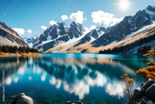 A tranquil lake surrounded by snow-capped mountains.