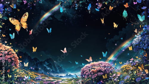 美しい背景に綺麗な蝶 夜空 暗闇 虹 花畑