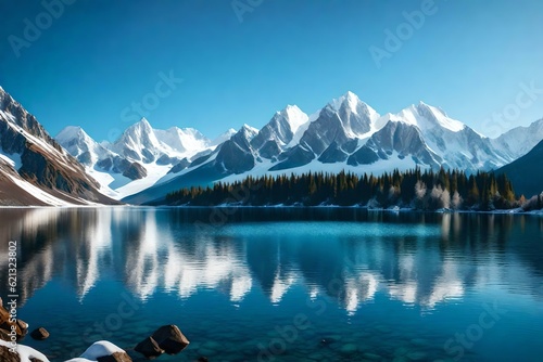A tranquil lake surrounded by snow-capped mountains. © Muhammad