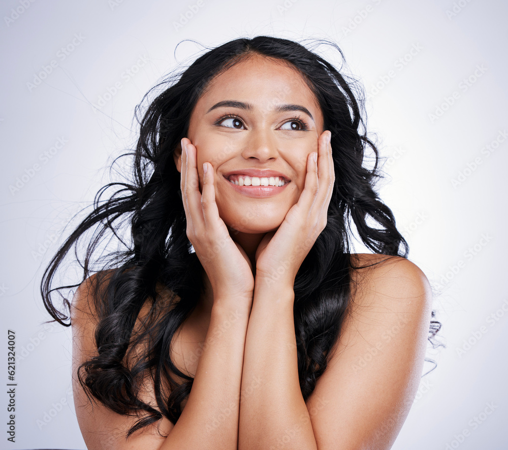Woman, hair and beauty, touching face with smile and balayage hairstyle with cosmetics on white background. Young, female model and cosmetology with haircare, salon treatment and happy in a studio Woman, hair and beauty, touching face with smile and balayage hairstyle with cosmetics on white background. Young, female model and cosmetology with haircare, salon treatment and happy in a studio