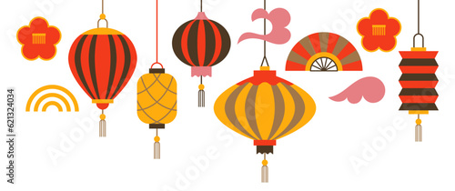 Mid autumn festival banner design with isolated Chinese lantern. Minimal geometric background. Vector illustration photo