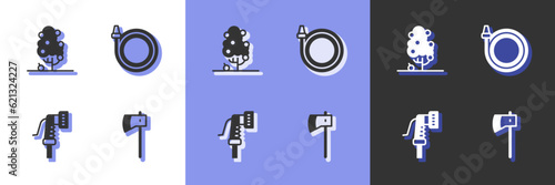 Set Wooden axe  Fruit tree  Garden hose and icon. Vector