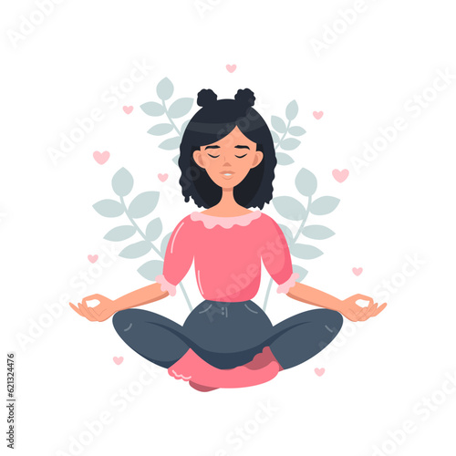 A young woman is sitting in the lotus position. Yoga classes, meditation, breath control, relaxation. Vector illustration