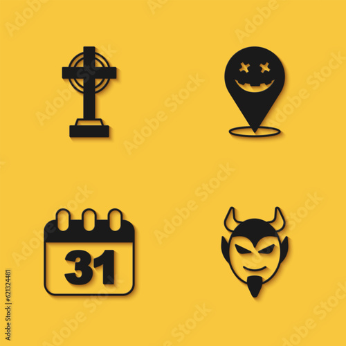 Set Tombstone with cross, Devil head, Halloween date 31 october and Happy holiday icon with long shadow. Vector