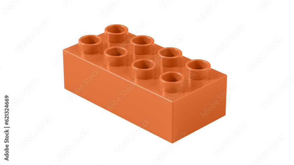 Fototapeta premium Jaffa Orange Plastic Bricks Block Isolated on a White Background. Children Toy Brick, Perspective View. Close Up View of a Game Block for Constructors. 3D illustration. 8K Ultra HD, 7680x4320, 300 dpi