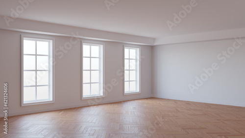 Empty Interior of the Room with White Stucco Walls, Three Large Windows, Glossy Herringbone Parquet Floor and a White Plinth. Concept of the Unfurnished Interior. 3D Rendering, 8K Ultra HD, 7680x4320