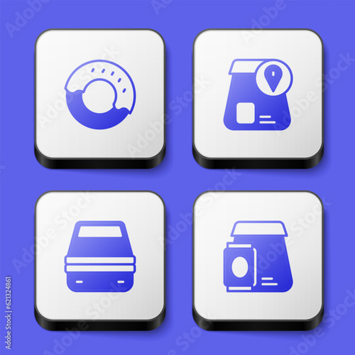 Set Donut, Online ordering food, Lunch box and icon. White square button. Vector