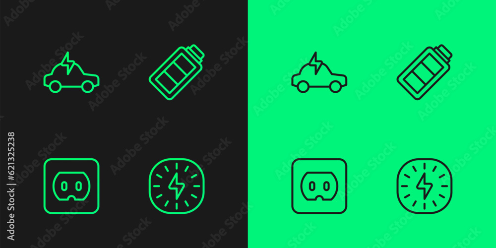 Set line Lightning bolt, Electrical outlet, car and Battery charge icon. Vector Set line Lightning bolt, Electrical outlet, car and Battery charge icon. Vector