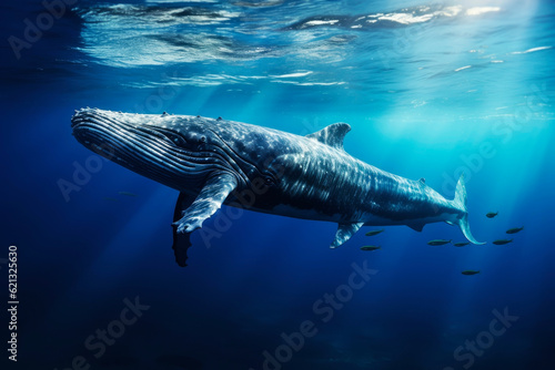 Beautiful blue whale in the ocean. Generative AI © Artsiom P