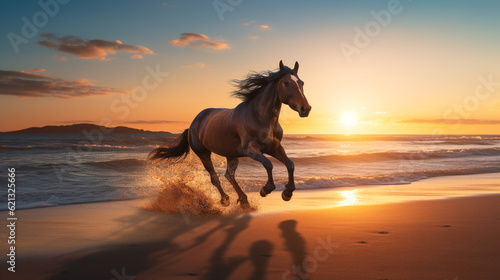 Dynamic image of a horse galloping across a sandy beach against a stunning sunset