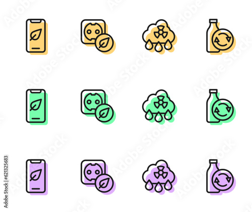 Set line Acid rain radioactive cloud, Mobile phone with leaf, Electrical outlet and Recycling plastic bottle icon. Vector