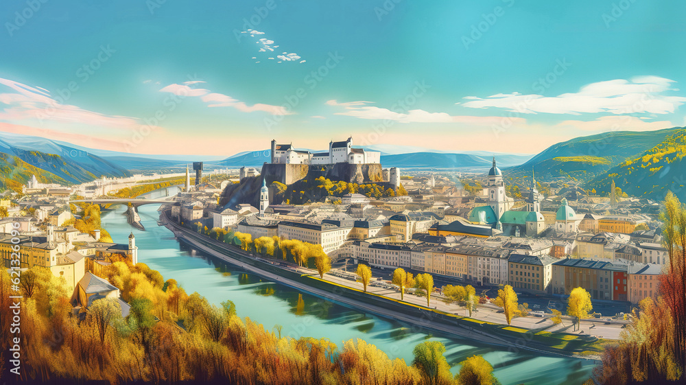 Panoramic view of Salzburg, Austria. Generative Ai
