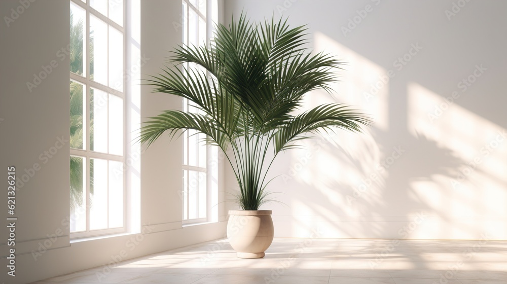 Empty bright room with large windows with a palm tree in a pot. AI generation