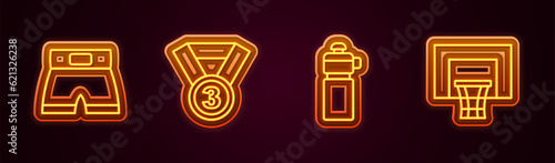 Set line Boxing short, Medal, Fitness shaker and Basketball backboard. Glowing neon icon. Vector