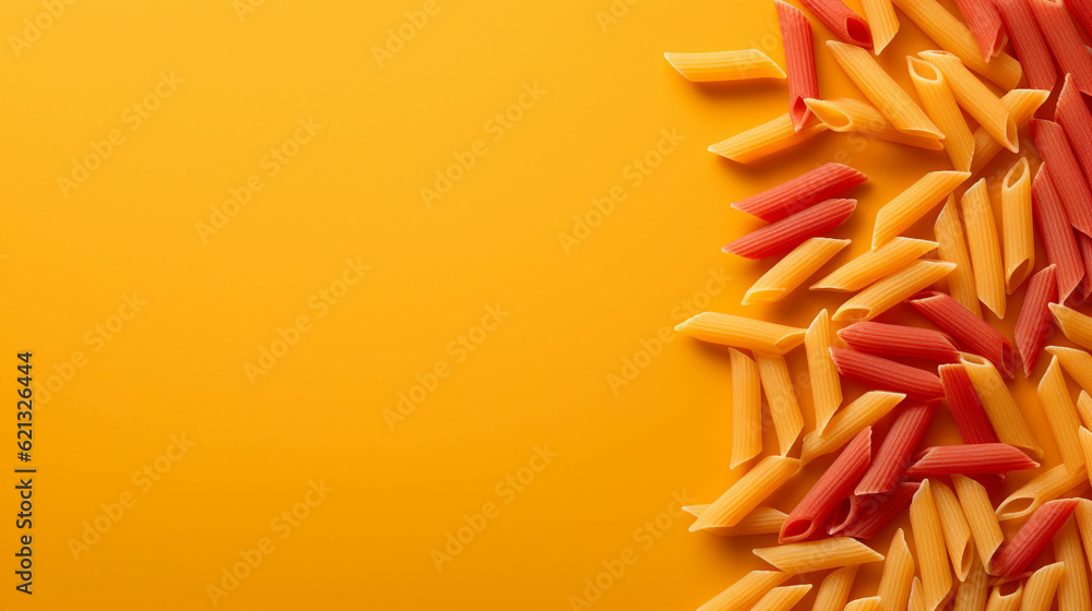 Raw penne on colorful background. Copy Space on the side. Generative AI. Raw penne on colorful background. Copy Space on the side. Generative AI.