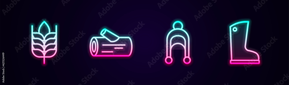 Set line Wheat, Wooden log, Winter hat and Waterproof rubber boot. Glowing neon icon. Vector Set line Wheat, Wooden log, Winter hat and Waterproof rubber boot. Glowing neon icon. Vector
