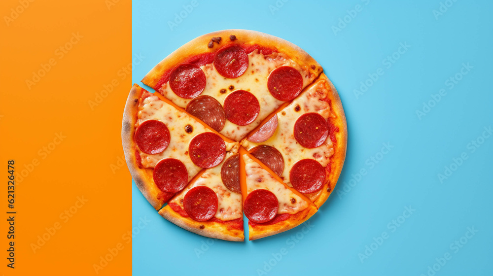 Pepperoni pizza on colorful background. Copy Space on the side. Generative AI. Pepperoni pizza on colorful background. Copy Space on the side. Generative AI.