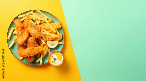 Fish and Chips on colorful background. Copy Space on the side. Generative AI.