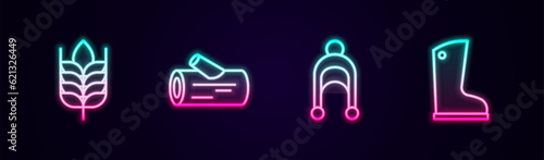 Set line Wheat, Wooden log, Winter hat and Waterproof rubber boot. Glowing neon icon. Vector