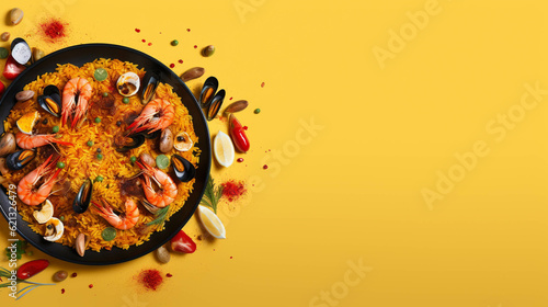 Paella on colorful background. Copy Space on the side. Generative AI.