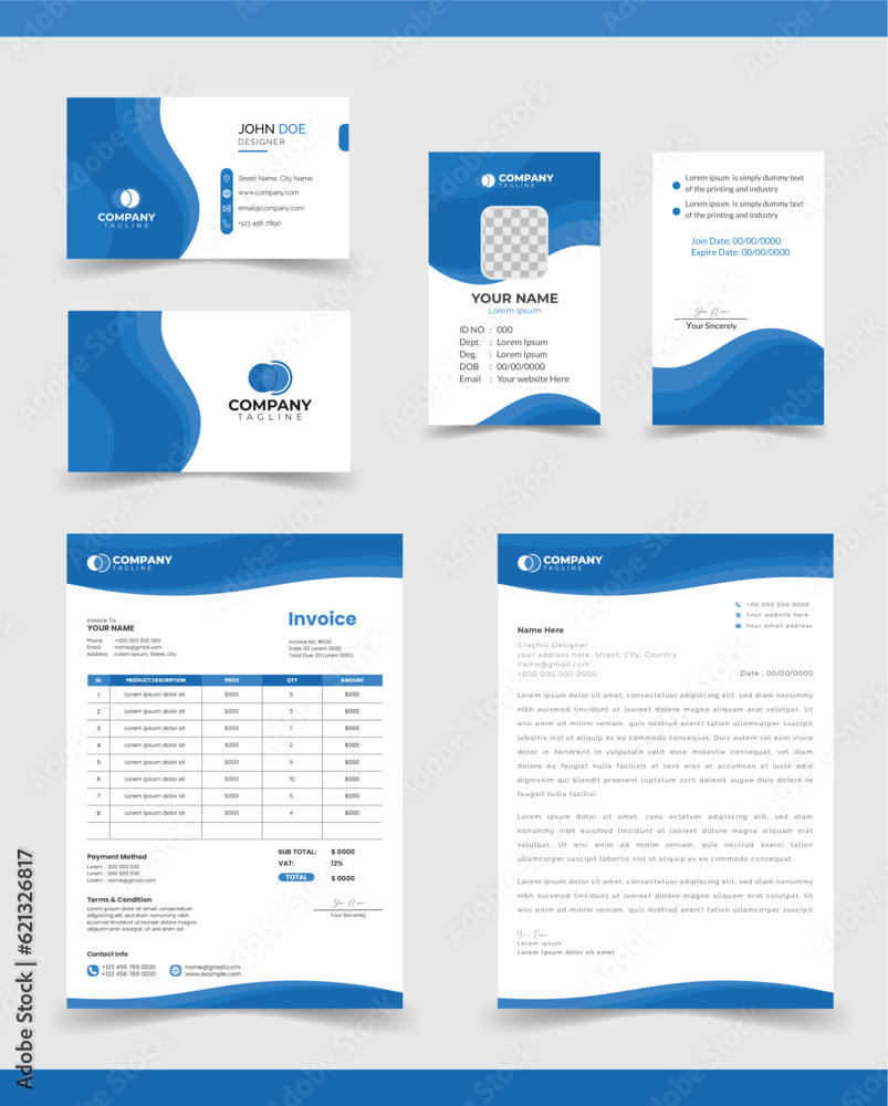 Corporate Brand Identity Mockup set. Editable vector. Business card, Id card, Invoice, letterhead,