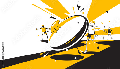 Trendy doodle art and abstract cartoon characters play rugby. Sport concept