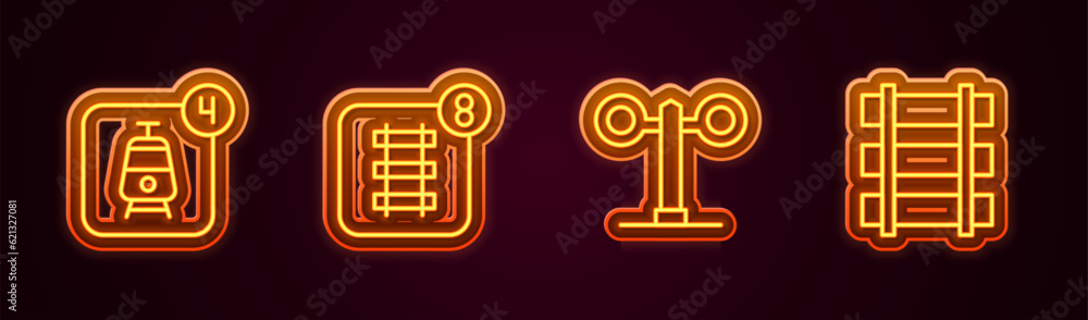 Set line Online ticket booking, Train traffic light and Railway, railroad track. Glowing neon icon. Vector Set line Online ticket booking, Train traffic light and Railway, railroad track. Glowing neon icon. Vector