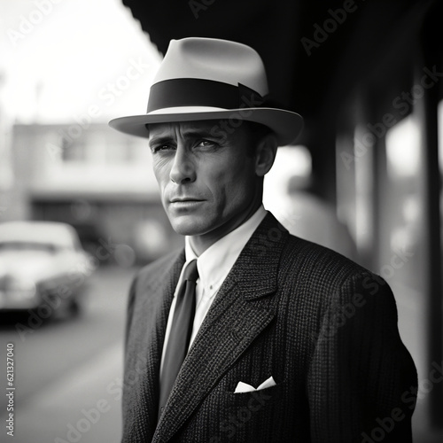 A man in a suit and hat in a vintage black and white shot Generative Ai