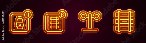 Set line Online ticket booking, Train traffic light and Railway, railroad track. Glowing neon icon. Vector