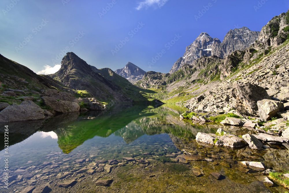 Lake Fiorenza, a small alpine lake on the slopes of Monviso
