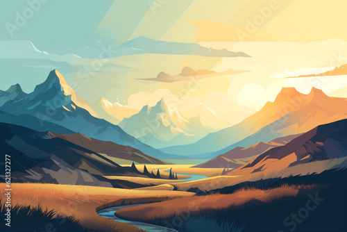 A majestic mountain range with a winding river in a picturesque landscape flat design vector illustration Generative Ai