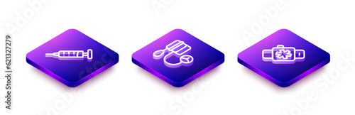 Set Isometric line Syringe, Blood pressure and Smart watch with heart icon. Vector