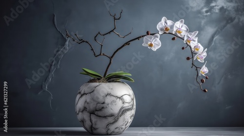 Wise Elder Orchid in Ancient Stone Pot with Gray Marble Background in Cinematic Lighting 