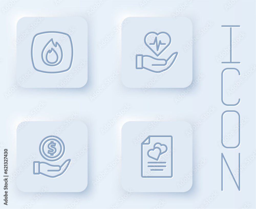 Set line Fire flame, Life insurance in hand, Money with shield and Marriage contract. White square button. Vector Set line Fire flame, Life insurance in hand, Money with shield and Marriage contract. White square button. Vector