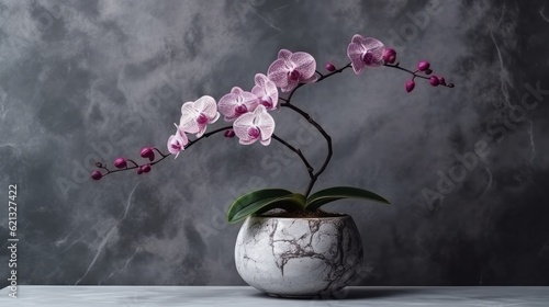 Mindful Ancient Purple Orchid in a Stone Pot with a Dark Gray Marble Background in Cinematic Lighting 