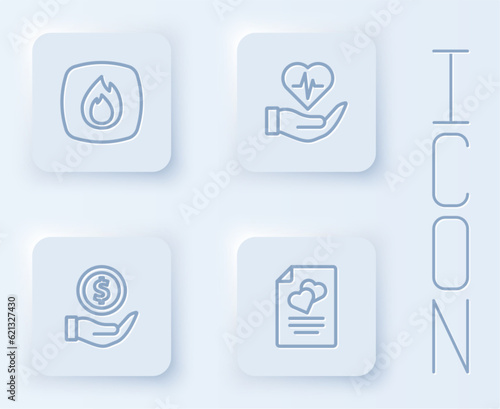 Set line Fire flame, Life insurance in hand, Money with shield and Marriage contract. White square button. Vector