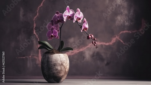 Ancient Orchid in Stone pot with Purple and Gray Tone with Cinematic Lighting against a Marble Background