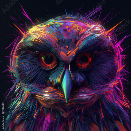 A neon colorful owl on a black background Generative Ai