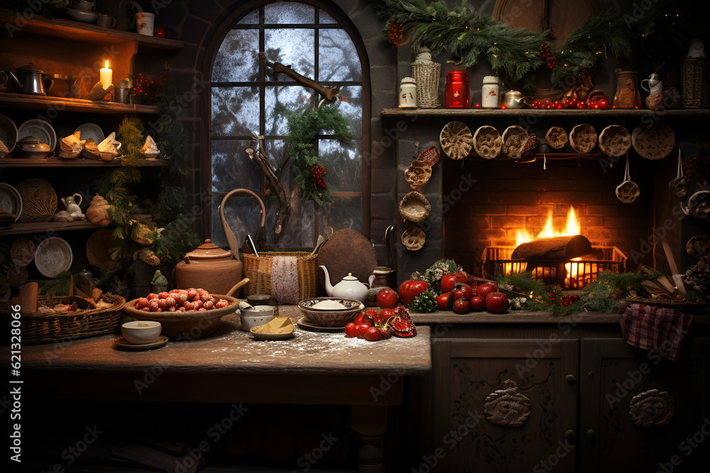 fireplace with christmas decorations and food