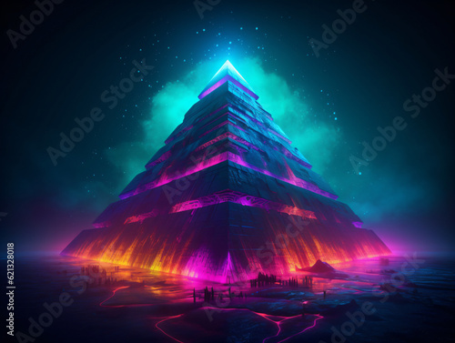 A pyramid covered in blue and pink neon lights cyberpunk synthwave style Generative Ai