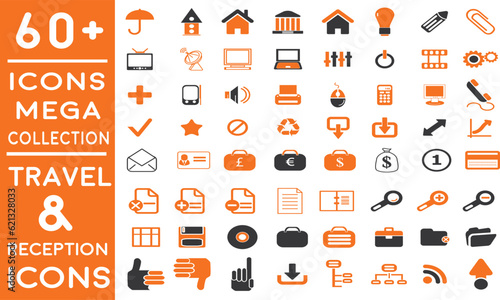 set of icons | premium hotel service and travel flight icon pack with addition Normal Routine signs 60 plus icon pack