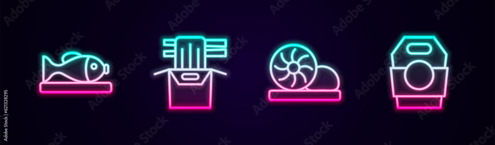 Set line Served fish on a plate, Asian noodles in paper box, Xiao long bao and . Glowing neon icon. Vector Set line Served fish on a plate, Asian noodles in paper box, Xiao long bao and . Glowing neon icon. Vector