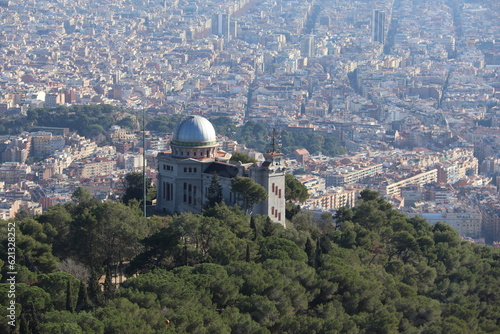 A view at a little church from Tibidabo mountain, Barcelona, Spain