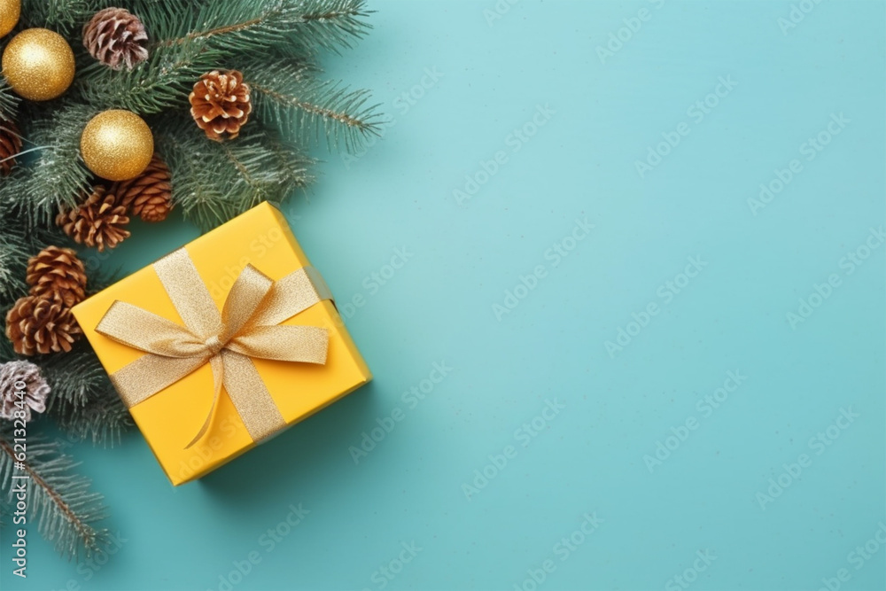 Christmas decorations and gifts on a colored background