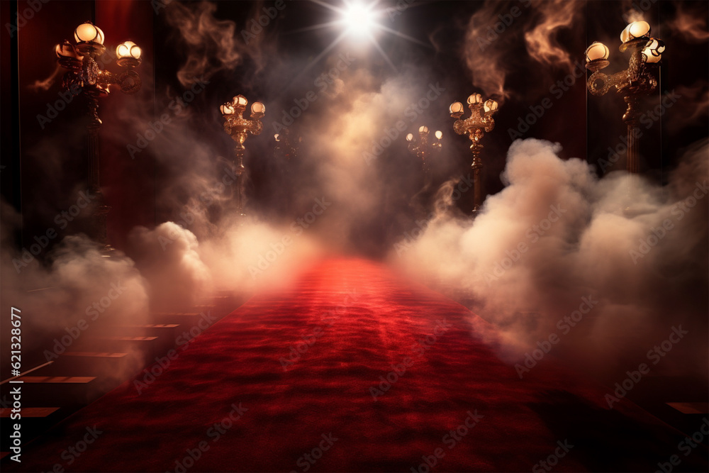 red carpet with smoke and spotlights