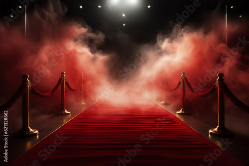 red carpet with smoke and spotlights photo