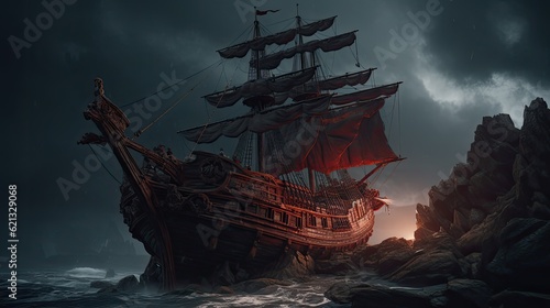 Ghost sailboat in the sea in red lighting. Ship at sea in red and black colors. Mystical, gloomy pirate ship at night. Night sky